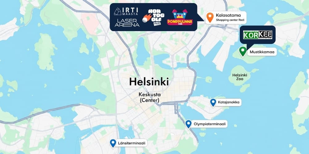 Map of Helsinki area with blue pins marking Länsiterminaali, Olympiaterminaali, Katajanokka and Kalasatama; logos shown at top for nearby attractions and shops.
