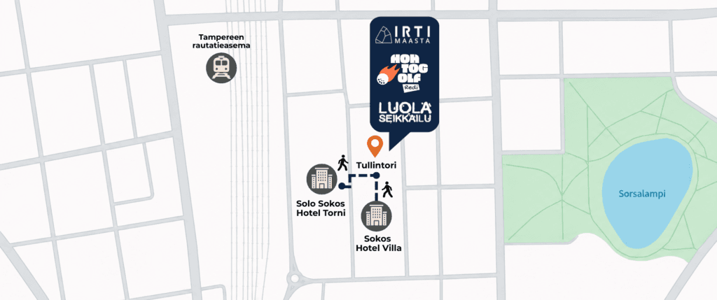 Map of central Tampere highlighting transit and hotel locations: Tampere railway station, Tullintori, Solo Sokos Hotel Torni, Sokos Hotel Villa, and an IRTRI Maasta banner with a location pin.